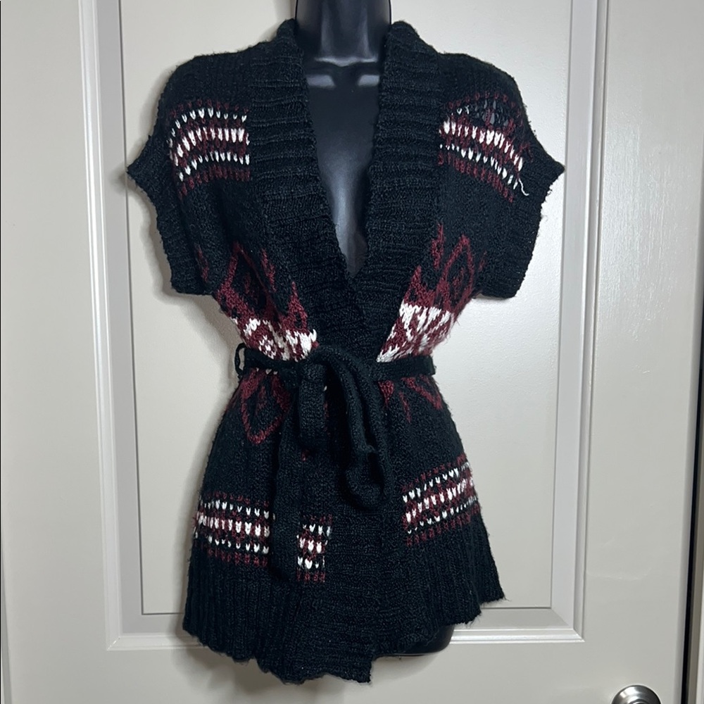 Papaya Black and Red Cardigan with V-Neck and Embroidered Patterns